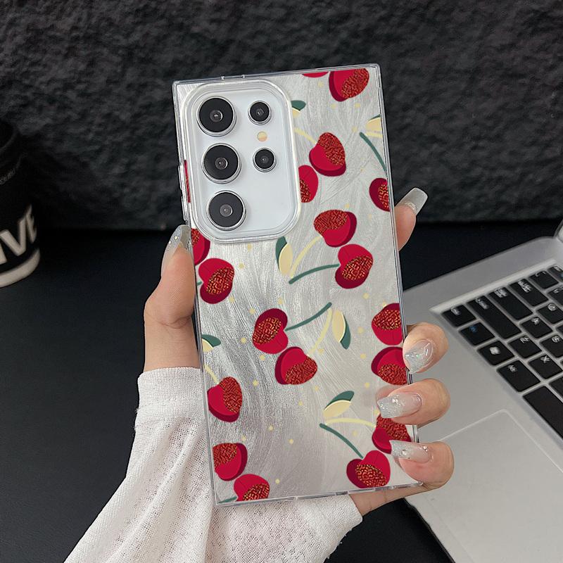 Чехол для телефона с перьями и узором вишни для Samsung S25 Ultra S24 FE S23 A56 A36 A16 A55 с мягким краем, тонкий, ударопрочный, блестящий, жесткий чехол-бампер из ПК
