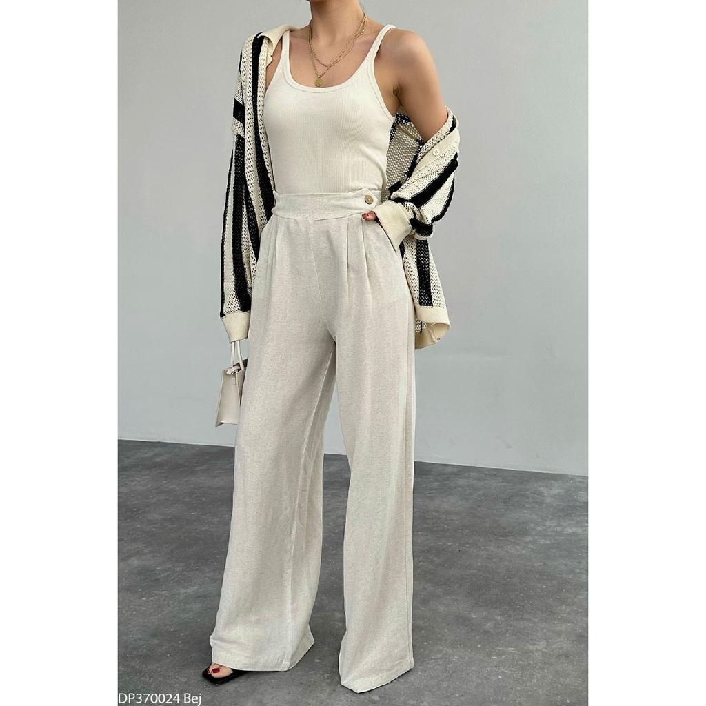 Female Beige Double Button Detailed Waist Tire Linen Palazzo Pants