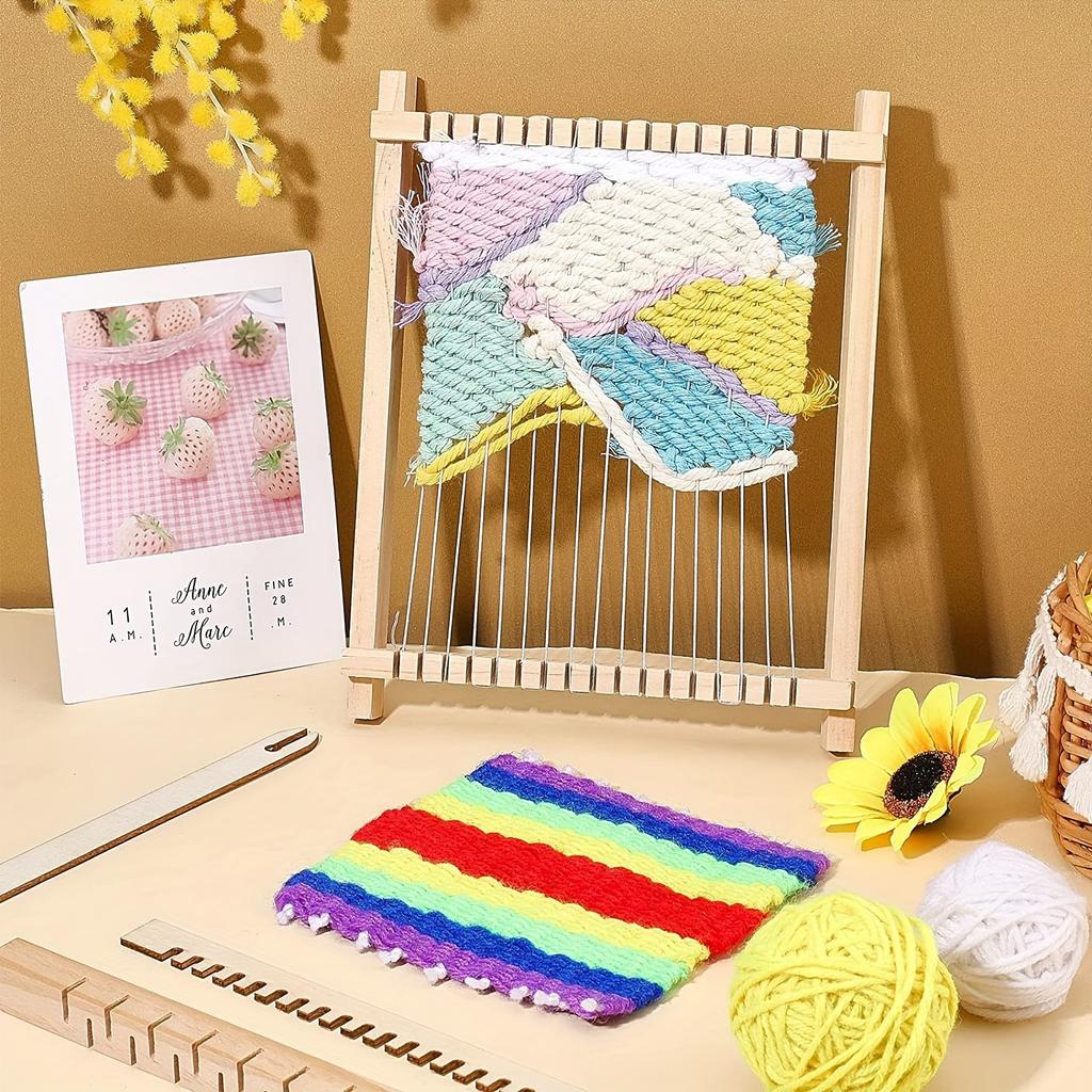 Manual Wooden Weaving Loom with Colorful Yarn & Tools - -in- DIY Tapestry Maker for Hand-Weaving Crafts, No Required, for Art Projects