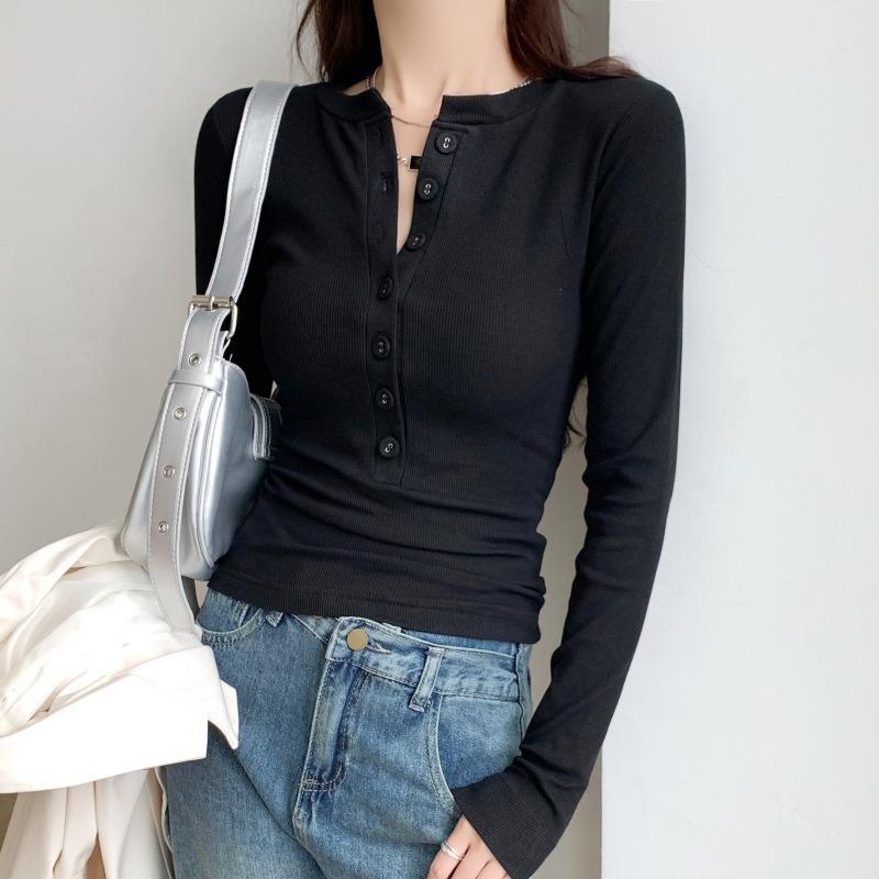Vintage slim-fitting and thin bottoming shirt women's spring single-breasted button-up front shoulder long-sleeved T-shirt with top inside
