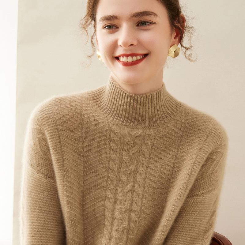Женский кашемировый пуловер с полувысоким воротом и длинными рукавами - Однотонный, Повседневный, Свободный, Утепленный для осени/зимы.