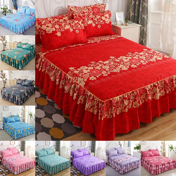 Комплект постельного белья 1 комплект, 3 шт. Простыня с 2 наволочками, юбка с цветочным узором и принтом, покрывало для постельного белья с рюшами, свадебное покрывало