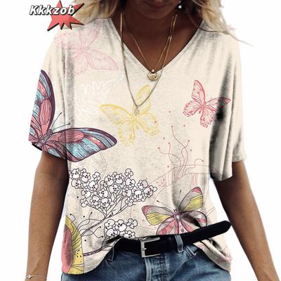 Повседневная одежда с бабочкой Футболка с V-образным вырезом и коротким рукавом Модные женские футболки Топы больших размеров Летняя ретро-одежда для повседневной жизни