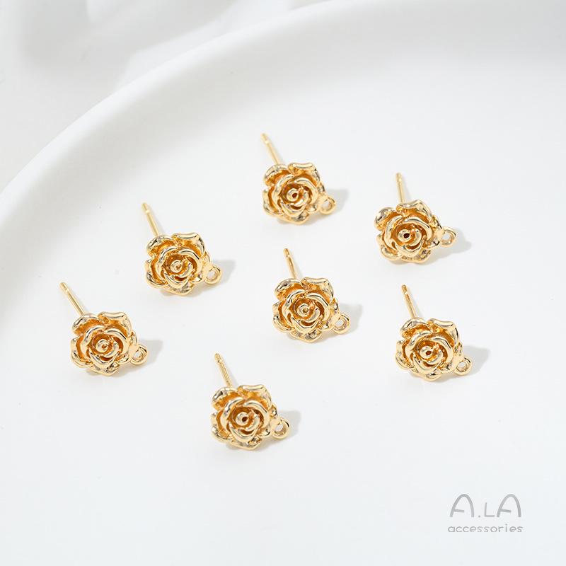 Серьги-пусеты в виде трехмерных цветков роз, заполненные 14-каратным золотом, со штифтами и соединительными кольцами из серебра 925 пробы для DIY-аксессуаров
