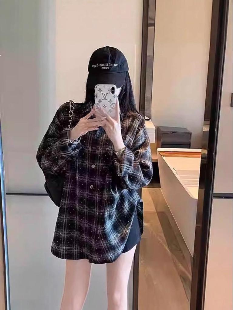 Клетчатая рубашка, украшенная стразами: Женский модный свободный кардиган с длинным рукавом для весны и осени.