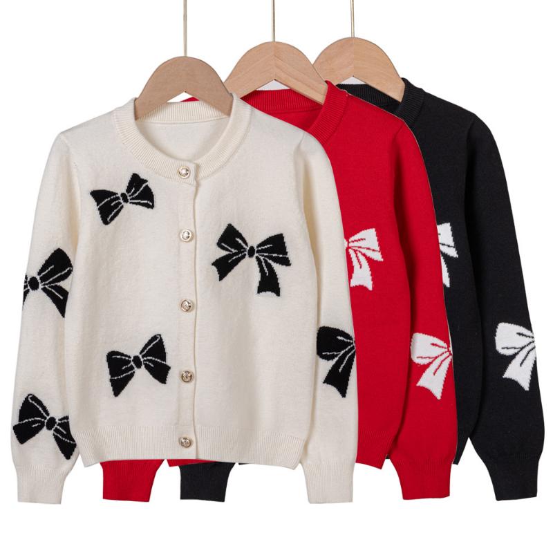 Spring and Autumn Korean Style Bowknot Jacquard Children's Cardigan Sweater Jacket Girls Knitted Cardigan
