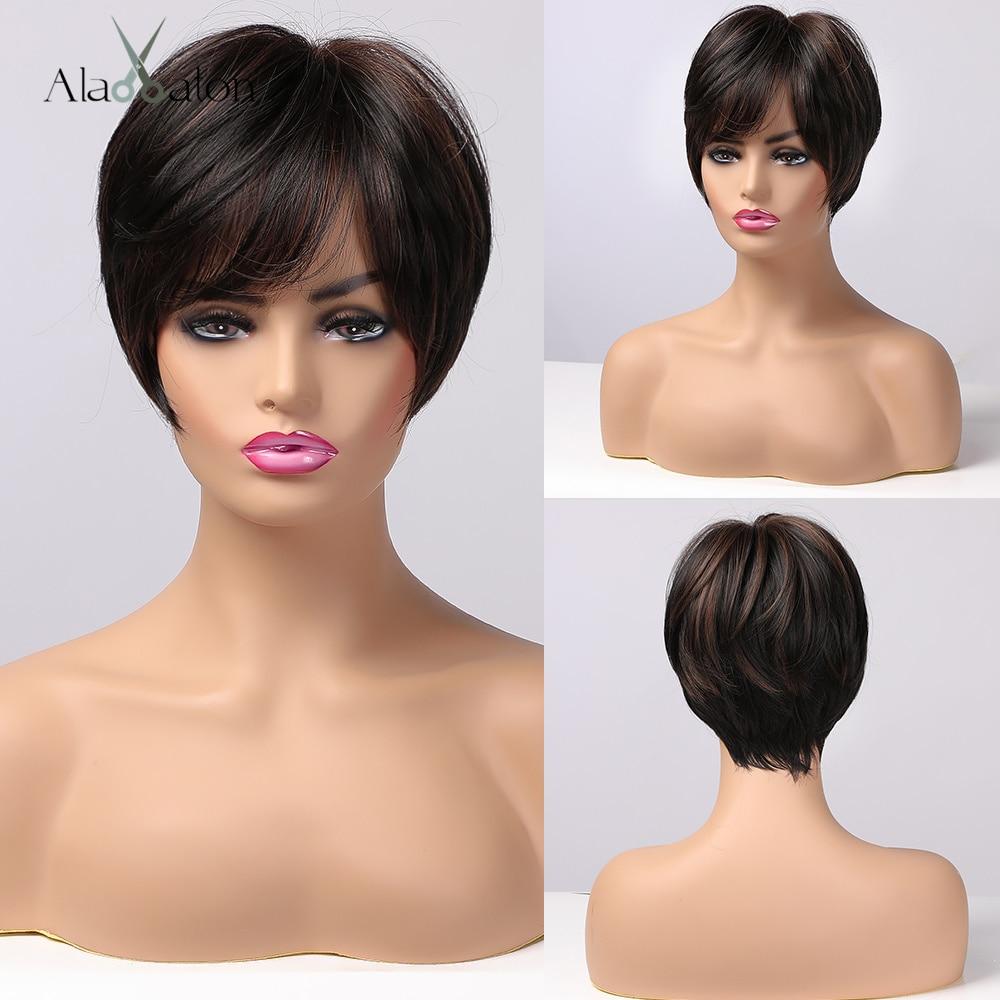 ALAN EATON Женский парик Омбре Черный Коричневый Светло-русый Белый Короткие прямые многослойные синтетические парики с боковой челкой Стрижка пикси