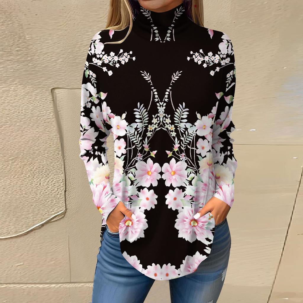 Tee Shirts For Women Fall Casual Long Sleeve Shirts Sweatshirt Vintage Printed High Neck Top Pullover