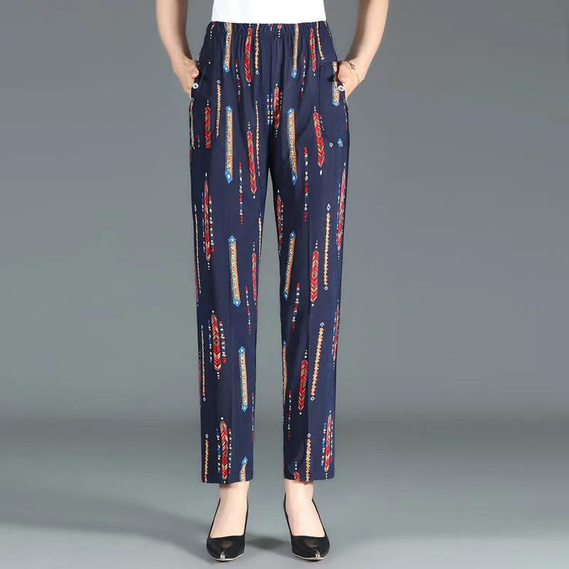 WTEMPO Большой размер, свободные повседневные брюки с высокой эластичной резинкой на талии и карманами, женские тонкие широкие брюки из ледяного шелка с принтом