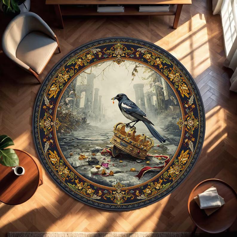 Navy Blue Round Rabbit Moonlit Rug Botanical Mushroom Rug Boho Nursery Decor Witchy Floor Mat for Bedroom Living Room Easter
