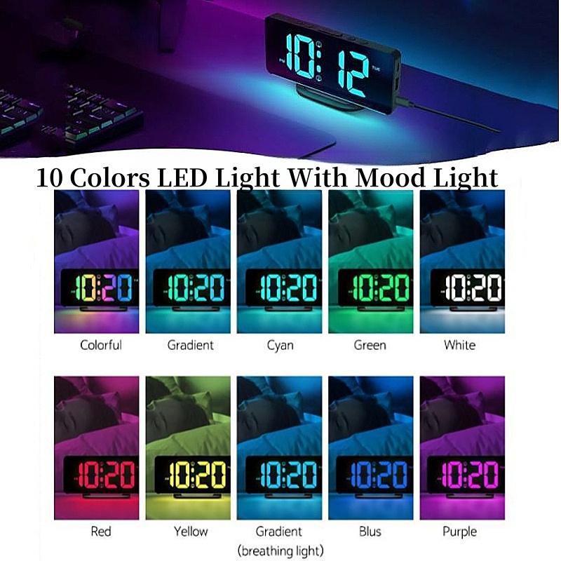 Цифровой будильник RGB с подсветкой RGB Mood Lighting, 2 будильника, ночной режим, неограниченный повтор сигнала, настольные часы, выход 12/24 ч, зарядка через USB Type-C, светодиодные часы