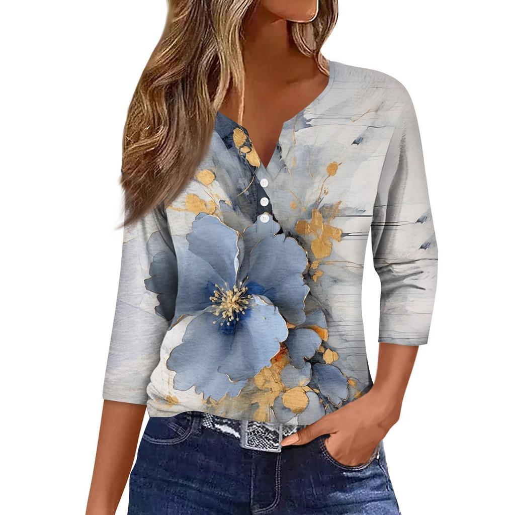 Женская модная повседневная футболка с коротким рукавом и V-образным вырезом, декоративными пуговицами и рукавом три четверти