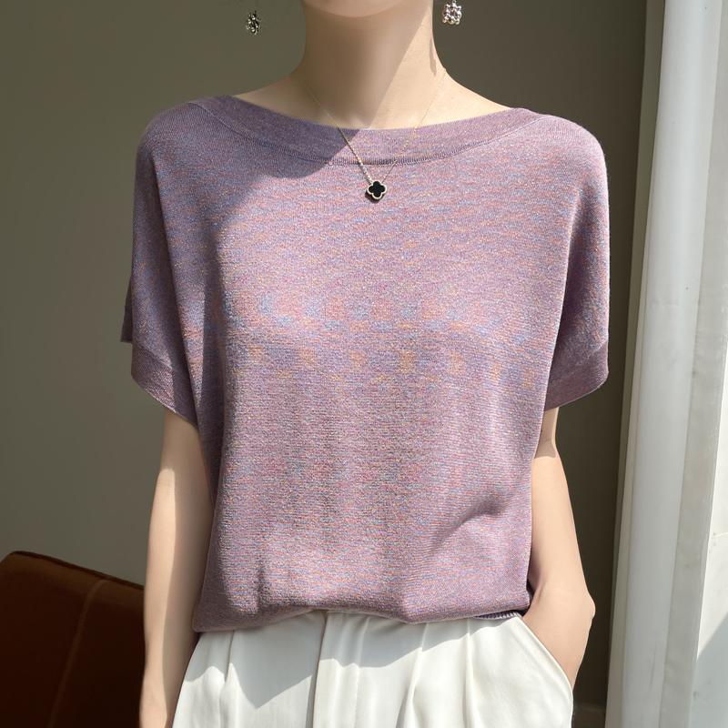 Women Knit T-shirt MODERN NEW SAGA Summer Knitted Shirt Short Sleeve Tees Slash Neck Pullover Knit Tops