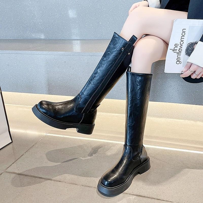 Soft Leather Boots Autumn and Winter New Knight Boots Thin Boots Versatile Medium Boots Women's Thin Cigarette Boots