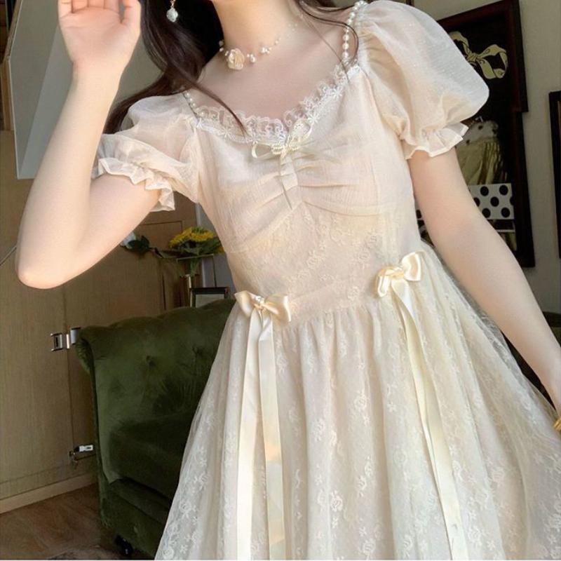 WTEMPO Brand Soft Mist Small Fresh Dress Bow Knot Bubble Sleeve Sen System First Love Dress Super Fairy Dress Print Splicing A Word Dresses