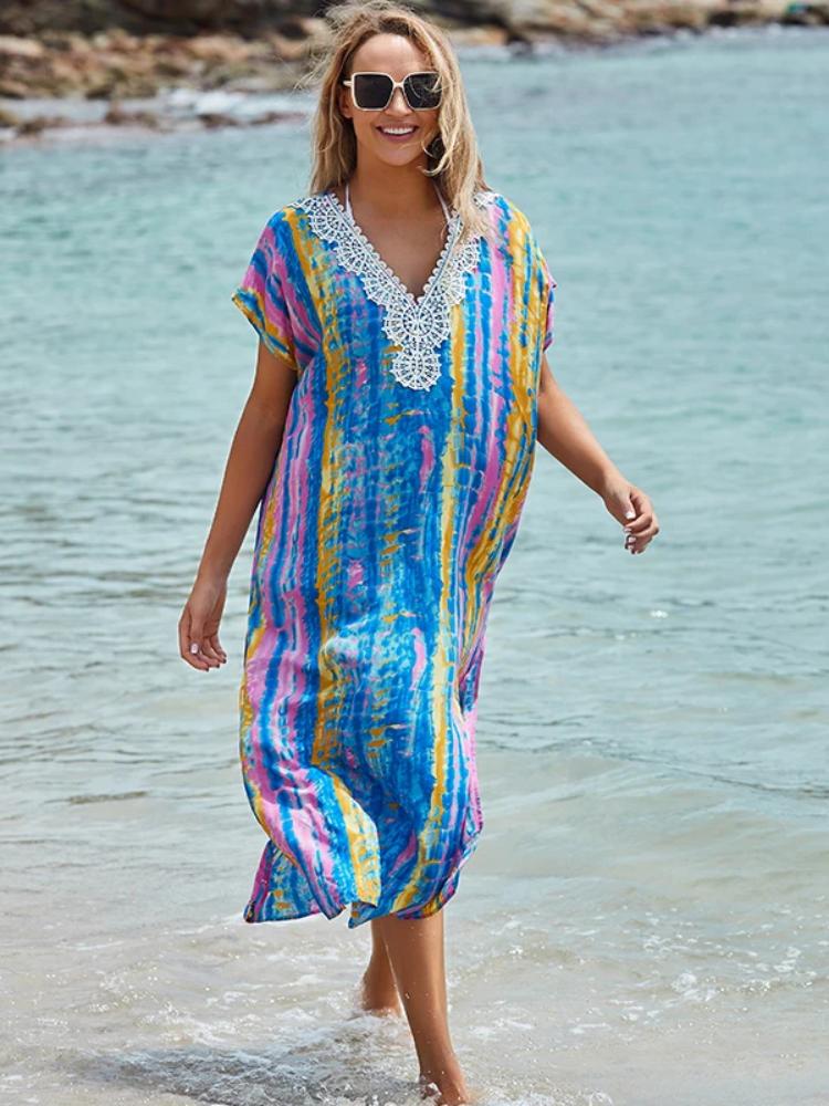 EDOLYNSA Beach Cover Up Tunics For Beach Print Chiffon Long Kaftan Bikini Cover Up Robe De Plage Sarong Beach Wrap Swimsuit CoverupQ1124