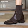 2024 New Women Boots Retro Square Toe Autumn Ankle Boots Square High Heel Cow Leather Elastic Band Short Boots Women Size 34-40