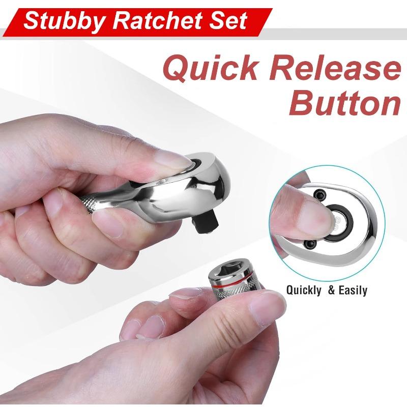 3PCS Quick-Release Reversible Head 72-Tooth 1/4 3/8 1/2 Inch Drive Stubby Ratchet Set Full Polished Mini Small Ratchet Head