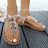Fashion Summer New Boho Soft Sole Clip Toe Sandals Women's Fashion Round Toe Rhinestone Beaded Non-slip Wear Flat Roman Shoes