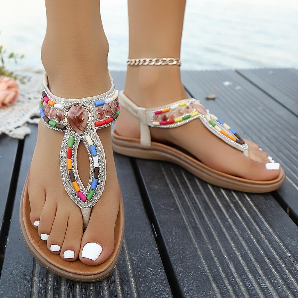 Fashion Summer New Boho Soft Sole Clip Toe Sandals Women's Fashion Round Toe Rhinestone Beaded Non-slip Wear Flat Roman Shoes