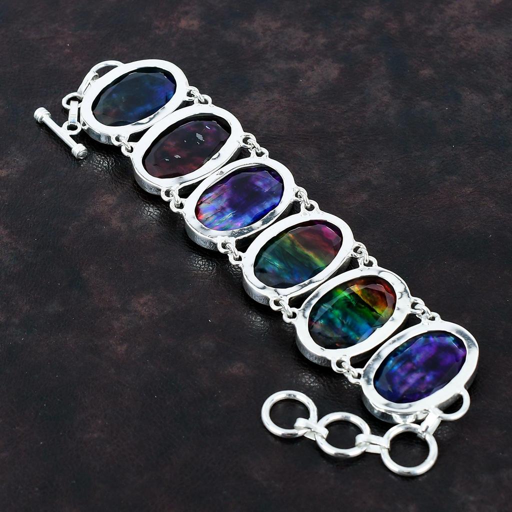 Граненый браслет из аммолита Браслет из драгоценного камня Браслет из стерлингового серебра 925 пробы Ювелирные изделия из аммолита Регулируемый браслет-цепочка Антикварные ювелирные изделия ручной работы