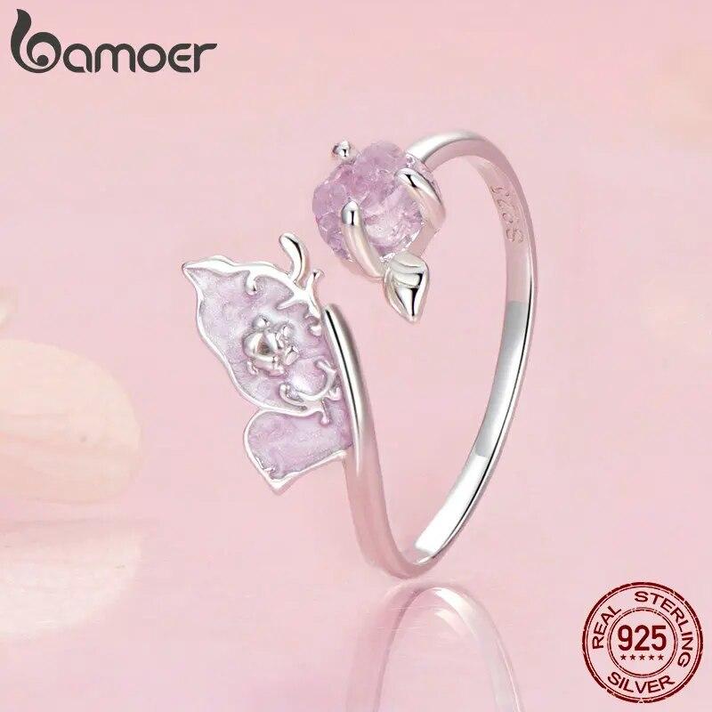 Bamoer, стерлинговое серебро 925 пробы, фиолетовое, пурпурное, эмаль, кольцо с бабочкой, цвет, сменное кольцо с цветком для женщин, ювелирные изделия для вечеринок