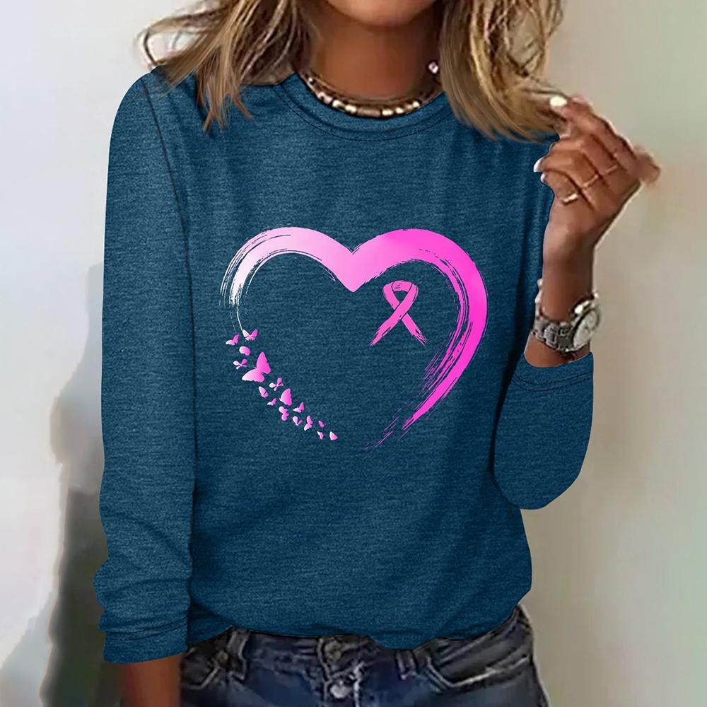 3d Print Versatile Pink Ribbon Print Long Sleeve T-shirt Women's Designer Heart Print Casual Loose T-shirt Fashion Trend T-shirt