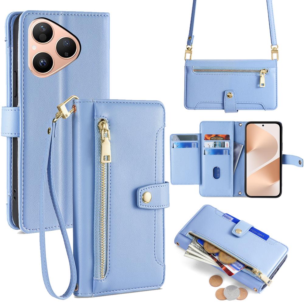 For Huawei Pura 80 Leather Case Zipper Pocket Wallet Phone Cover with 2 Straps