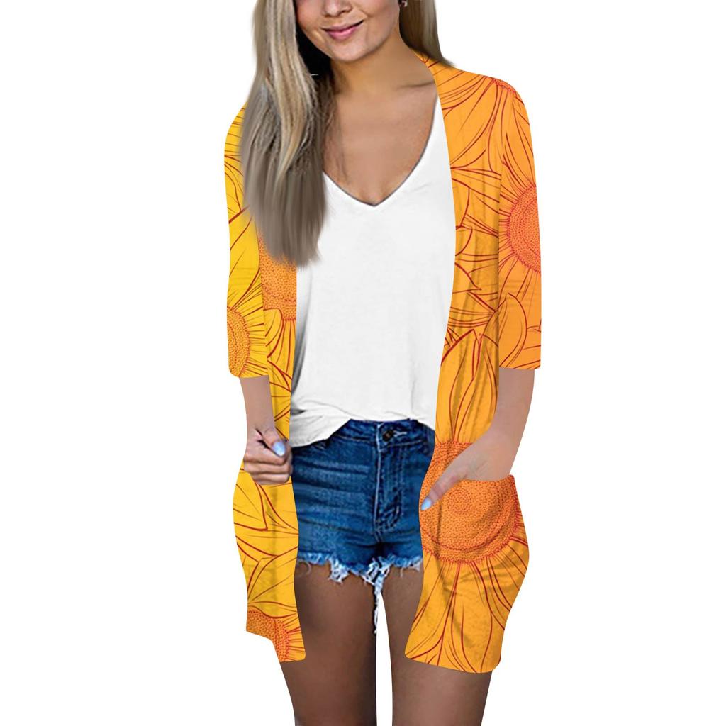 Женский модный свободный повседневный кардиган с принтом и карманами, куртка с рукавом семь восьмых, топ