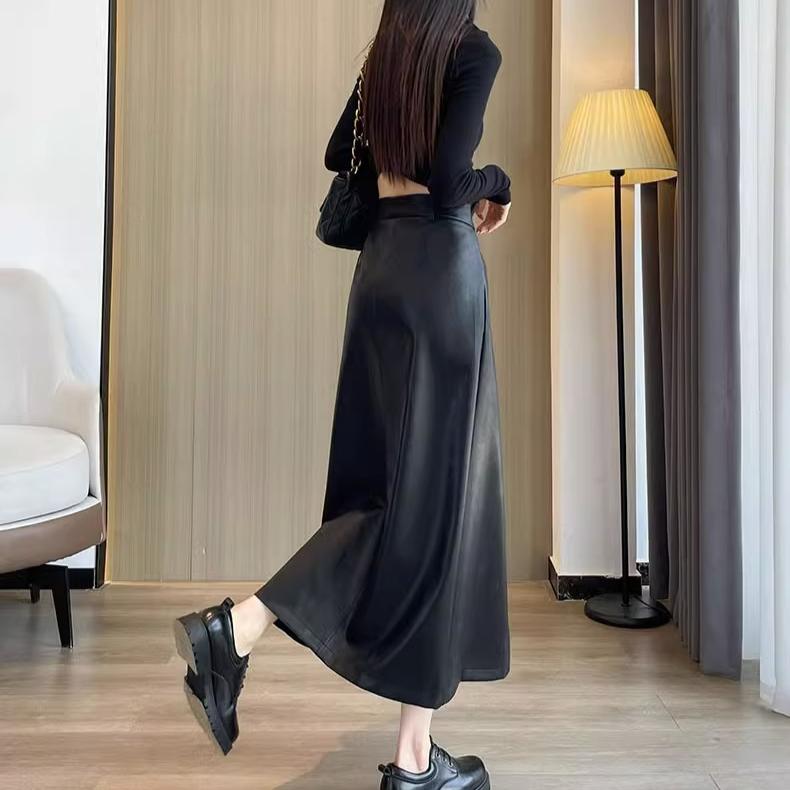 Черные женские юбки из искусственной кожи с высокой талией, элегантные длинные юбки для женщин на осень-зиму