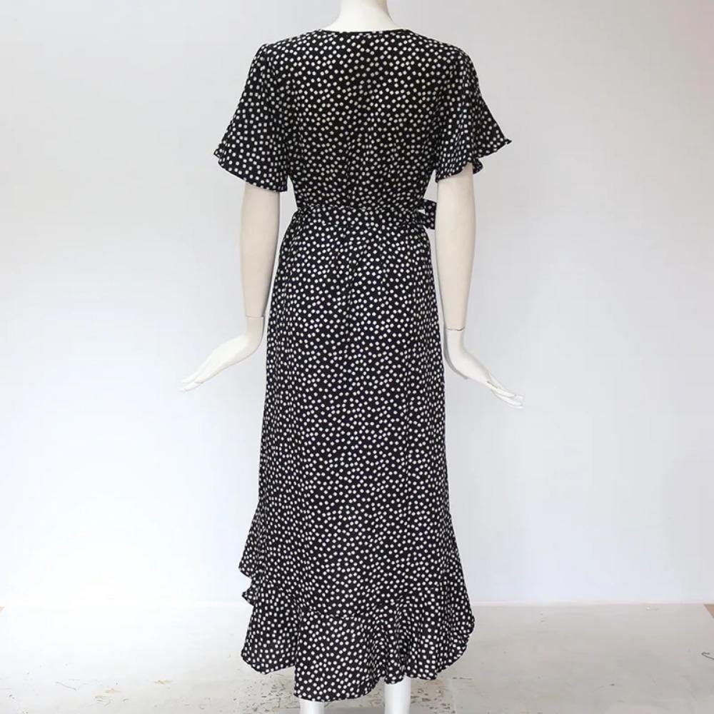 Летнее пляжное платье макси женское длинное шифоновое платье с цветочным принтом в стиле бохо с оборками и запахом повседневное сексуальное вечернее платье с v-образным вырезом и разрезом Robe Femme