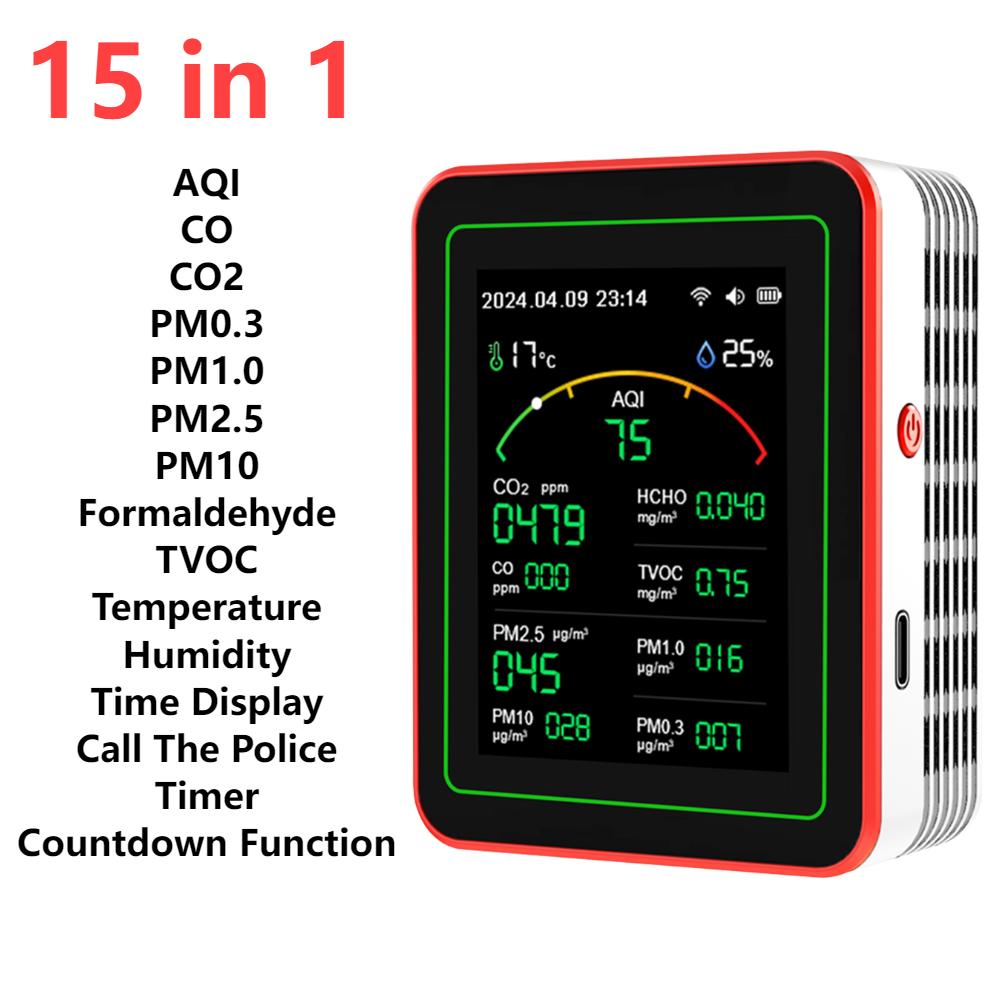15 In 1 Air Quality Monitor CO2 Meter CO TVOC HCHO PM2.5 PM1.0 PM10 Temperature And Humidity Measurement Carbon Dioxide Detector