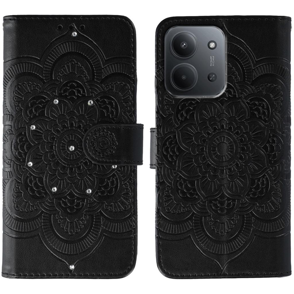 For Xiaomi Redmi 15C 5G (EU) (173mm)/15C 4G (EU) (173mm) Case Rhinestone Decor PU Leather Mandala Imprint Phone Cover with Wrist Strap
