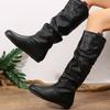Spring and Autumn Fashion New Style Simple European and American Mid Length Boots Round Head Folded Solid Color Slope Heel Fashion Boots Women's Shoes