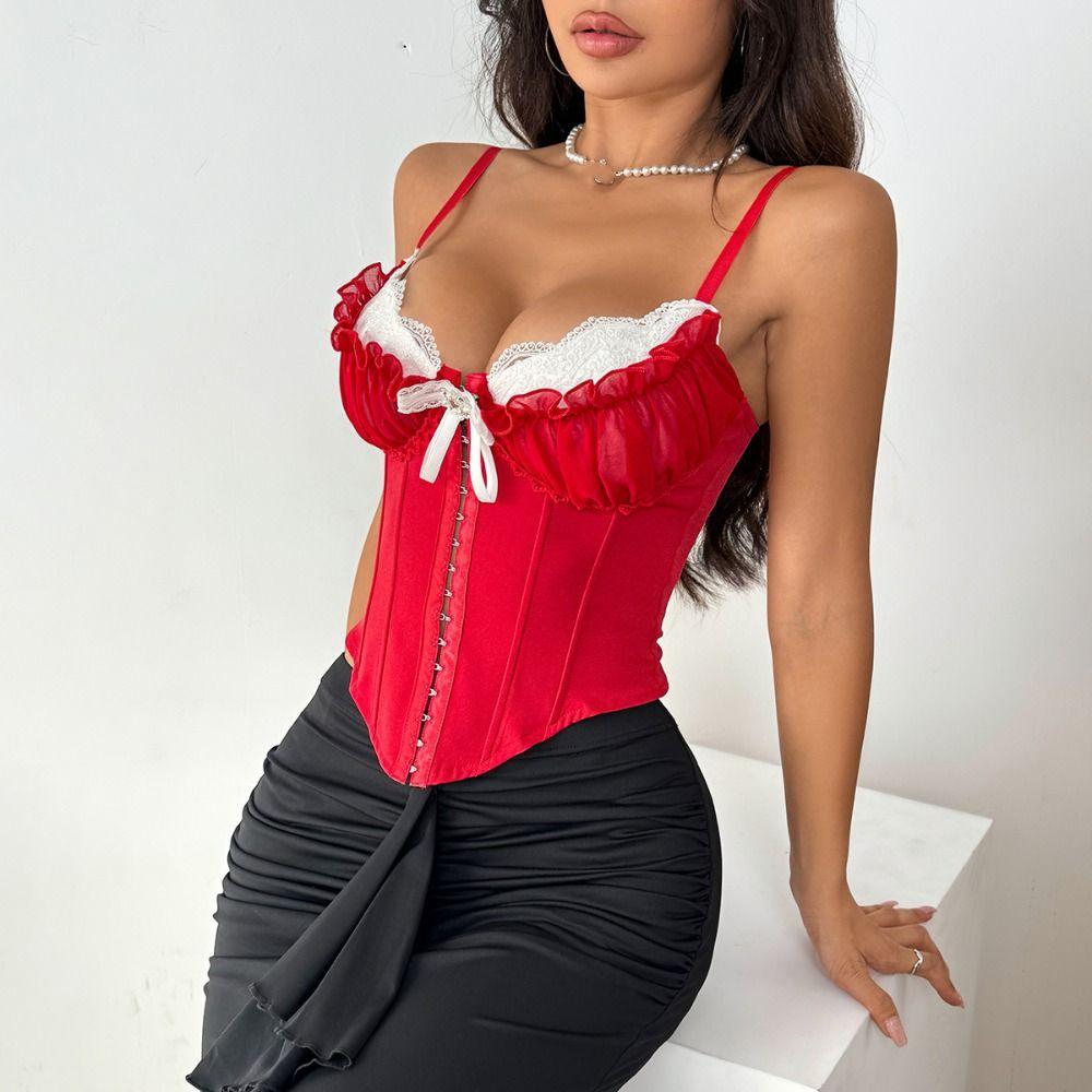 Камисоль с оборками, кружевом и цветком, с пряжкой, облегающий, укороченный топ, модный кружевной корсет, весна-лето