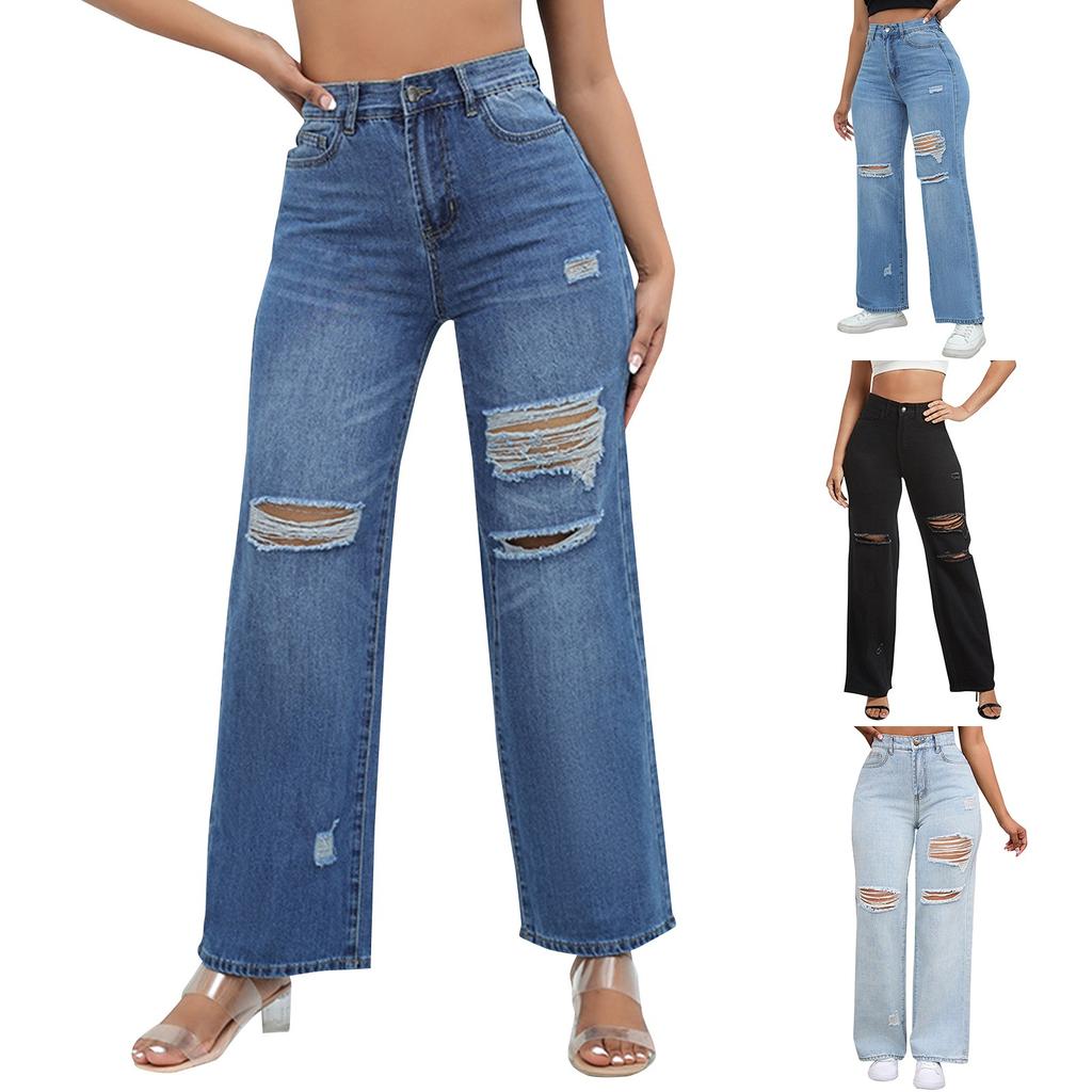 Jeans Women's Ripped Pocket Retro High Waisted Straight Leg Pants