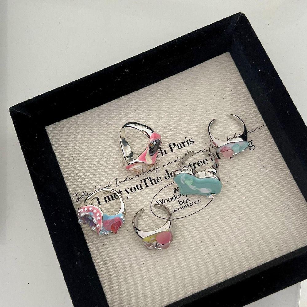 Geometric Enamel Love Heart Ring Open Ring Irregular Enamel Ring Painting Ring Women
