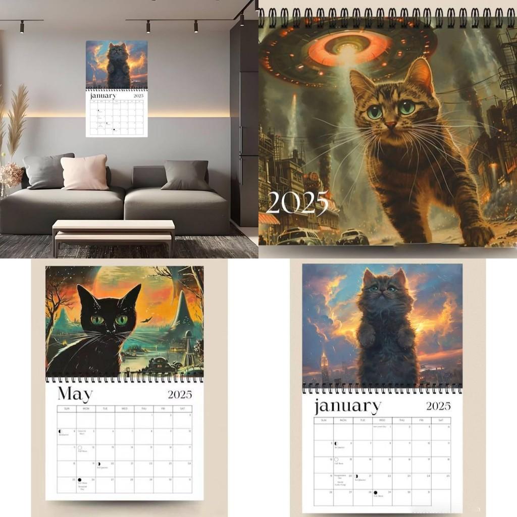 Adorable 2025 Cosmic Cat Wall Calendar With 12 Months Spiral Binding For Home Dcor