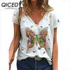 Свободная футболка с коротким рукавом и 3D цифровым принтом, женская летняя повседневная футболка с v-образным вырезом