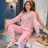 Thickened Warm Flannel Women Pajamas Loungewear Striped Top and Trousers Sleepwear Homewear Cartoon Rabbit Panda Nightwear