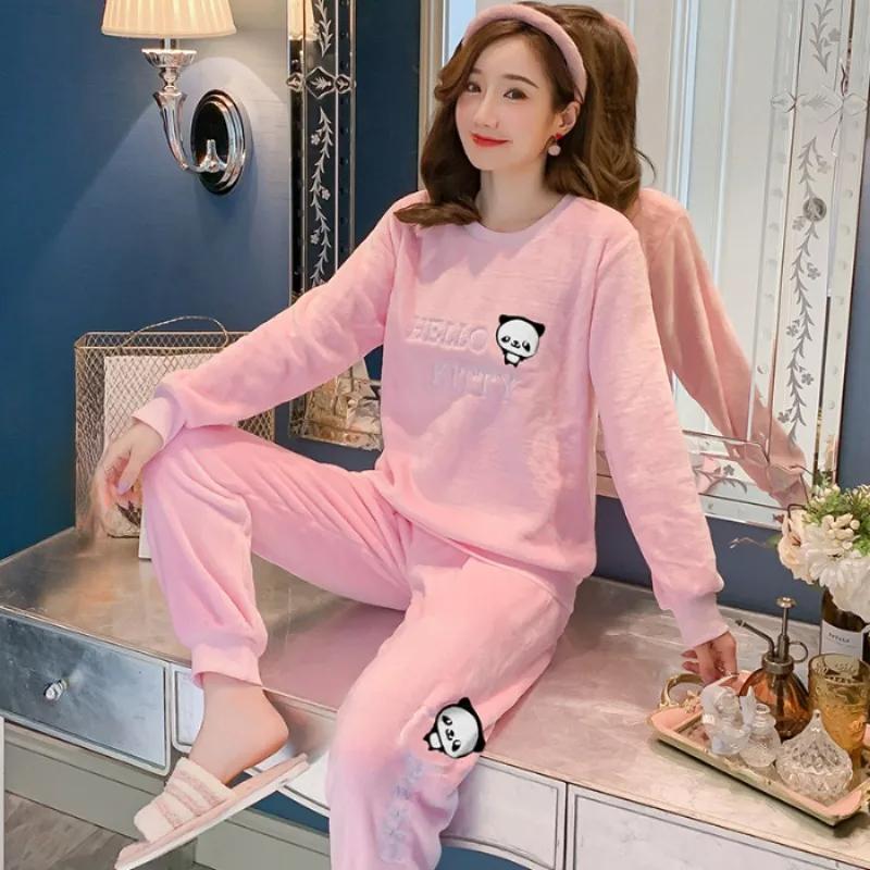 Thickened Warm Flannel Women Pajamas Loungewear Striped Top and Trousers Sleepwear Homewear Cartoon Rabbit Panda Nightwear