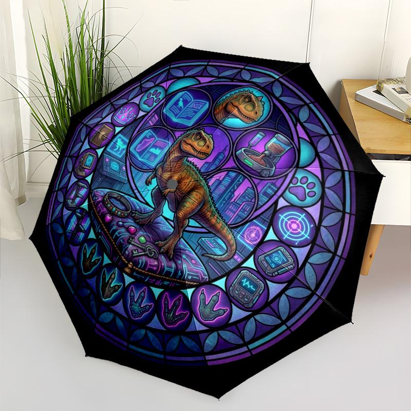 Glass Dinosaur Fantasy pattern umbrella, portable and foldable design, 8 ribs, a casual accessory for Halloween, Christmas, and birthday gifts.