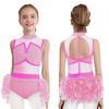 Girls Jazz Latin Dance Costume Shiny Rhinestones Color Block Leotard with Feather Skirt Sleeveless Cutout Back