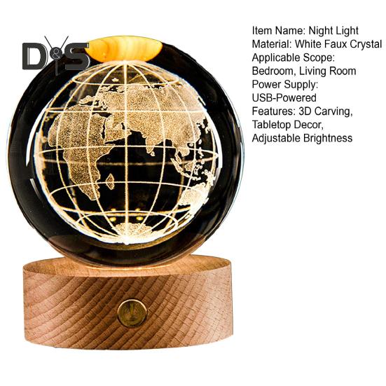 3D прозрачный шарообразный светильник, искусственный хрустальный шар, ночник с деревянной основой, работающий от USB, для декора спальни, гостиной