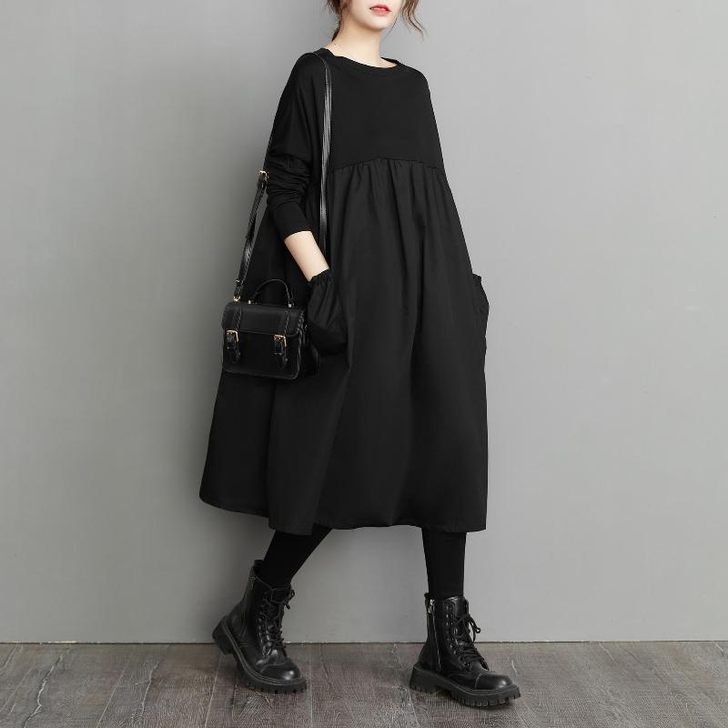 Long Sleeve Black Big Pocket Patchwork Dresses for Women Loose Casual Vintage Dress Fashion Elegant Clothing Spring Autumn 2025