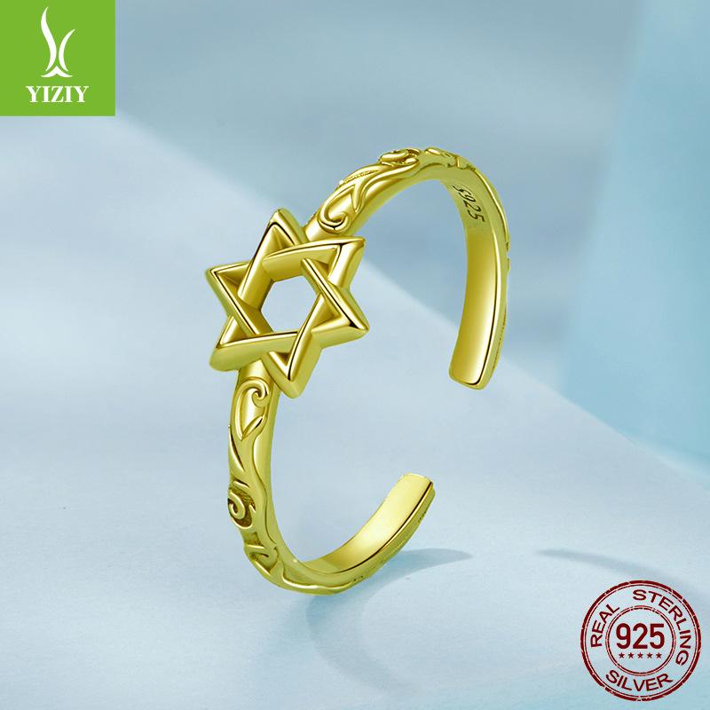 Vintage Hexagram Open Ring, Fashion S925 Sterling Silver Lucky Pattern Ring