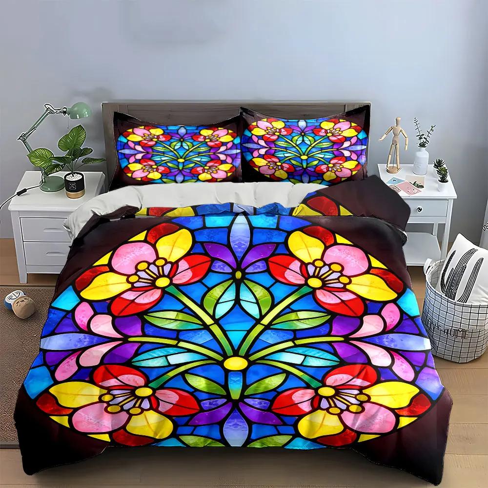 Colorful Floral Glass Art Set Soft Comfortable Duvet Cover Bedding Set Included 1*Duvet Cover & 2*Pillowcases gift