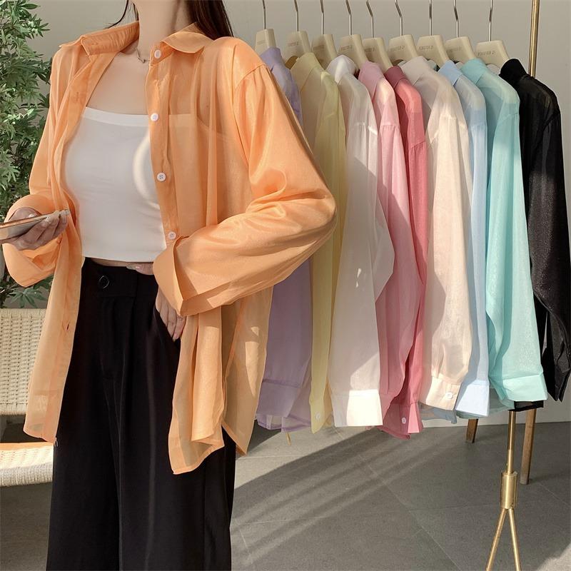 Back Split Lace-up Casual Loose Shirts Women Fashion New See Through Long Sleeve Women's Blouses Thin Breathable Sun Protection Office Lady Tops 26108