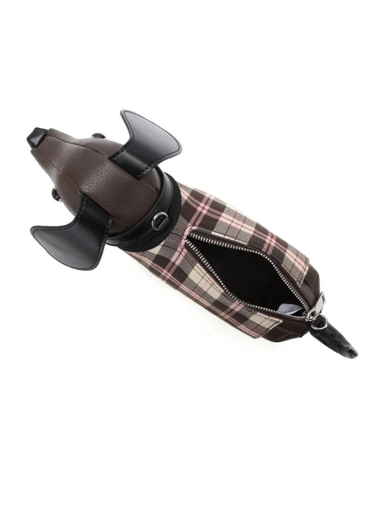 Fashionable And Creative Design Sausage Dog Shaped Crossbody Bag Women's Plaid Splicing Cartoon Cute Doll Bags