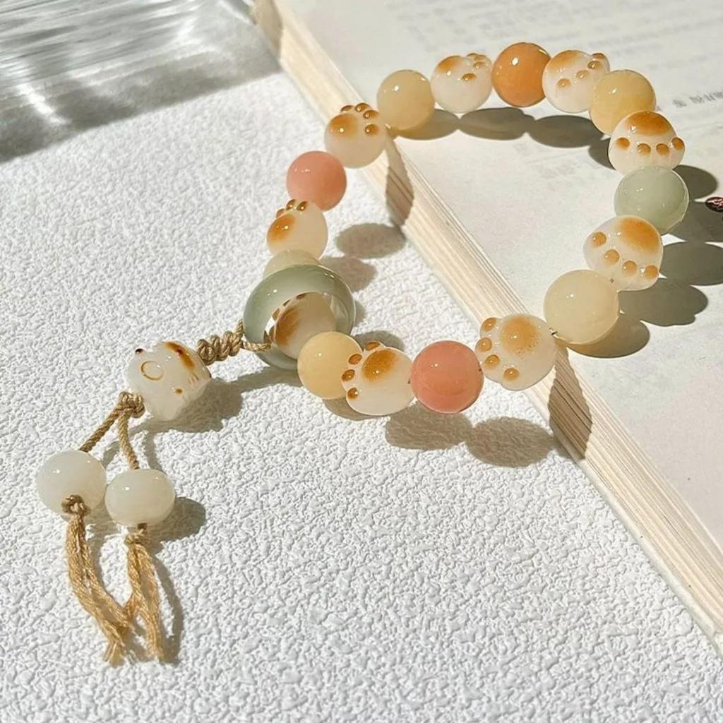 Милый браслет с кошкой для женщин и мужчин, натуральный камень, ручная цепочка, модная веревка